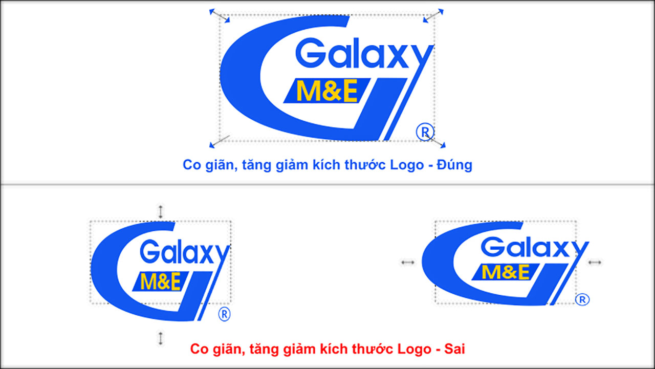 Khi muốn tăng giảm kích thước Logo, người dùng chỉ được phép co - kéo 4 góc của Logo, không được kéo giãn/co lại theo chiều ngang hay chiều dọc Logo.